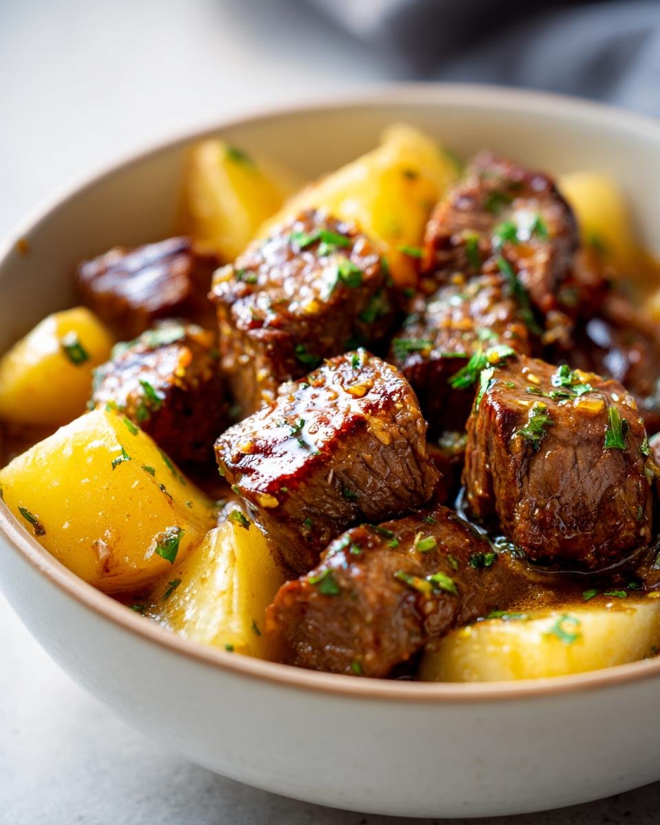 slow cooker garlic butter beef with potatoes - detail 2